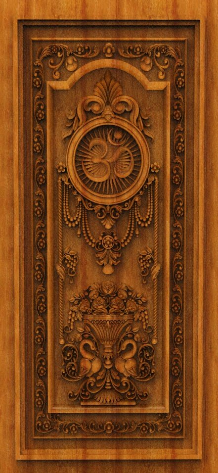 3D DOOR - OAK-17 Spiritual Om Symbol and Floral Urn Carving Design